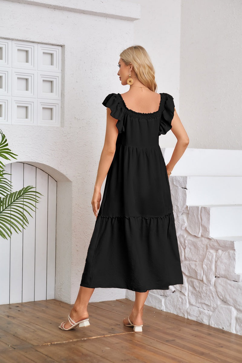Flying Sleeve Square Neck Off Shoulder Pleated Hem Dress