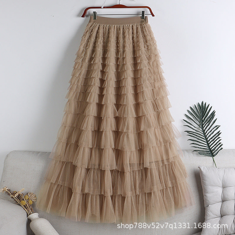 A-Line Mid-Length Tulle Skirt with Layered Mesh Insert