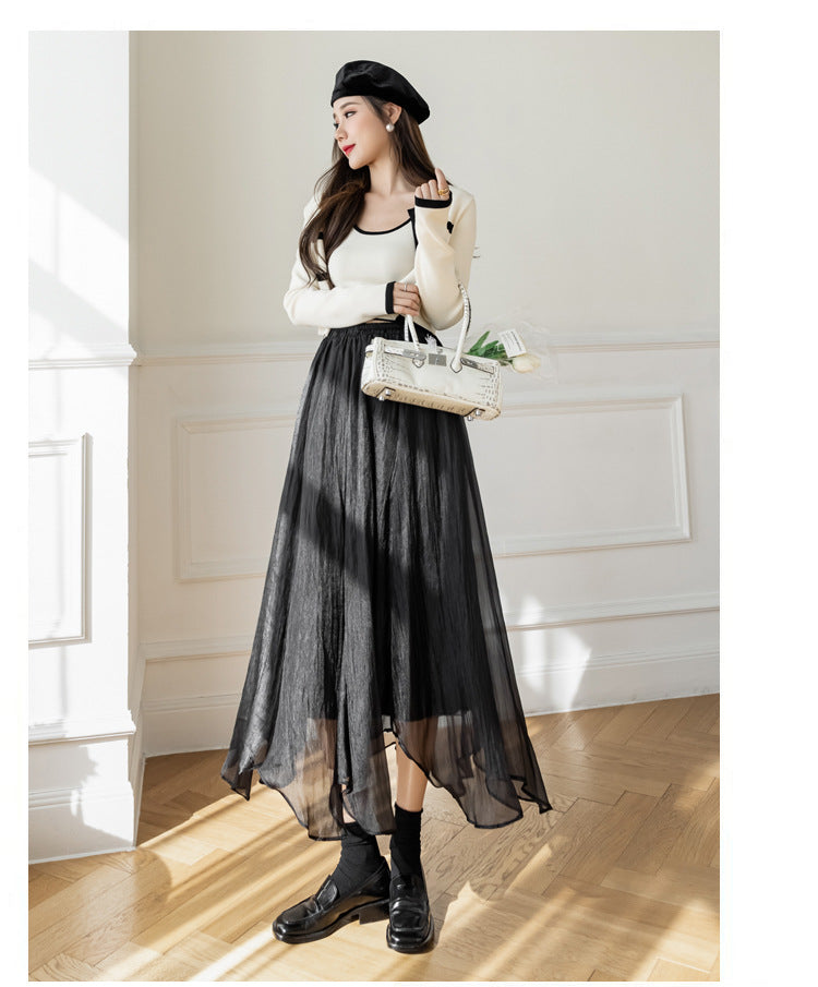 Women's High-Waisted A-Line Mesh Midi Skirt
