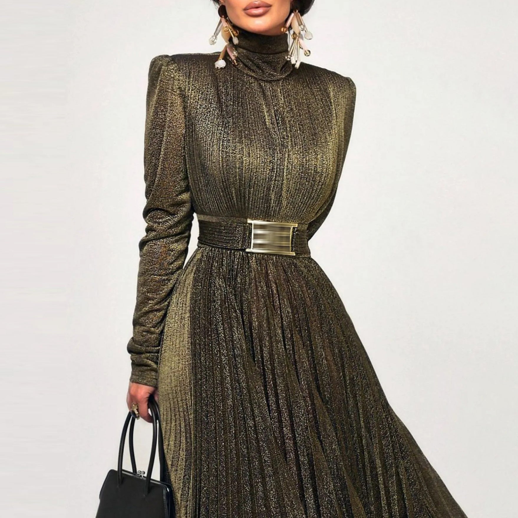 Elegant Midi Dress with Gold Foil Print