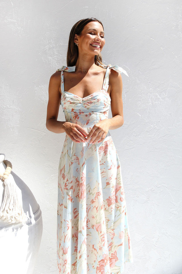 Summer Floral Print V-Neck Wrap Waist Midi Dres