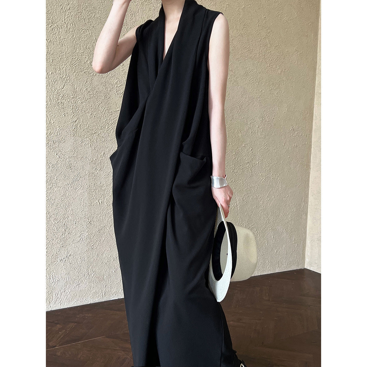 Women's V-Neck Sleeveless Twist Knot Long Dress-Pumpkin color-M-Free Shipping Leatheretro