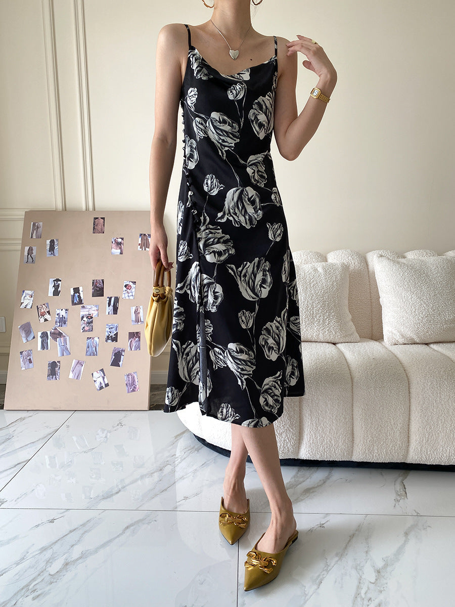 Vintage Floral Design Satin Summer Sleeveless Sun Dresses-Dresses-Free Shipping at meselling99