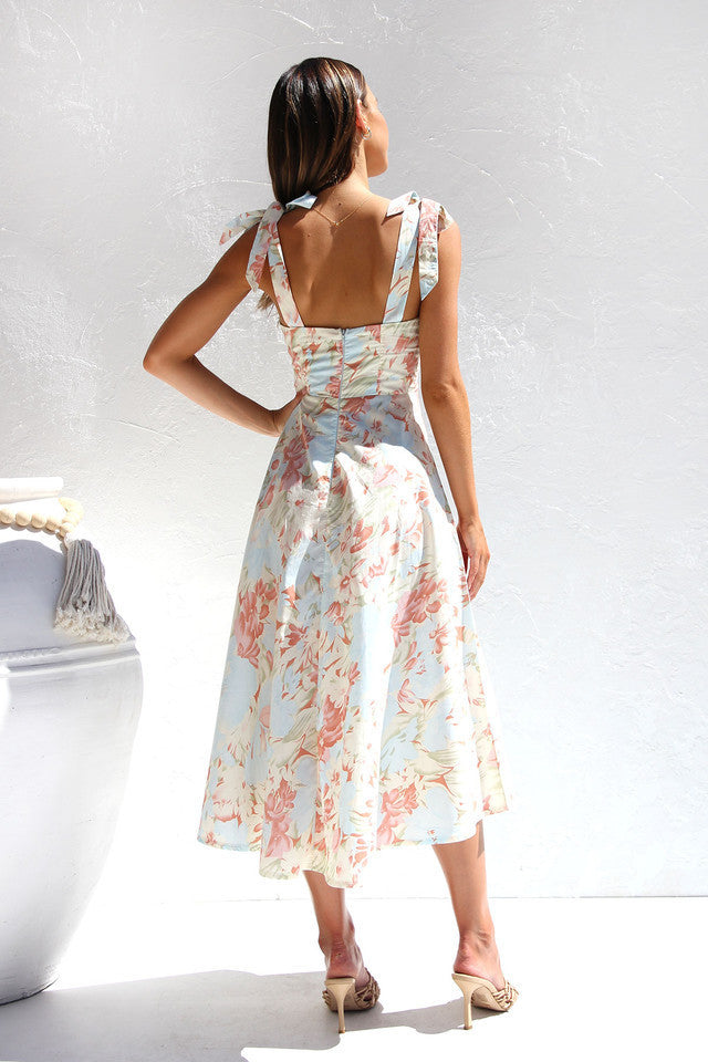 Summer Floral Print V-Neck Wrap Waist Midi Dres
