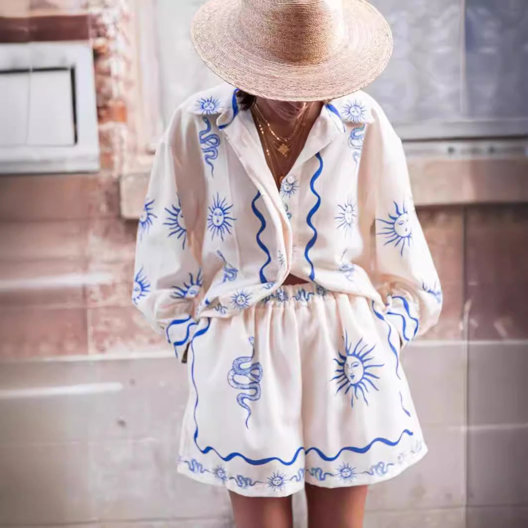 Fashionable Printed Linen Shirt & Shorts Set