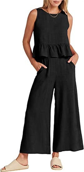 Women's Summer Sleeveless Pleated Vest & Wide-Leg Cropped Pants Casual Set