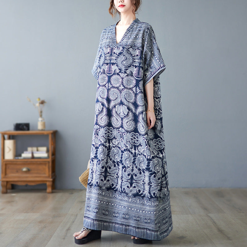 Vintage Linen Summer Holiday Long Cozy Dresses-Dresses-Blue-One Size-Free Shipping at meselling99