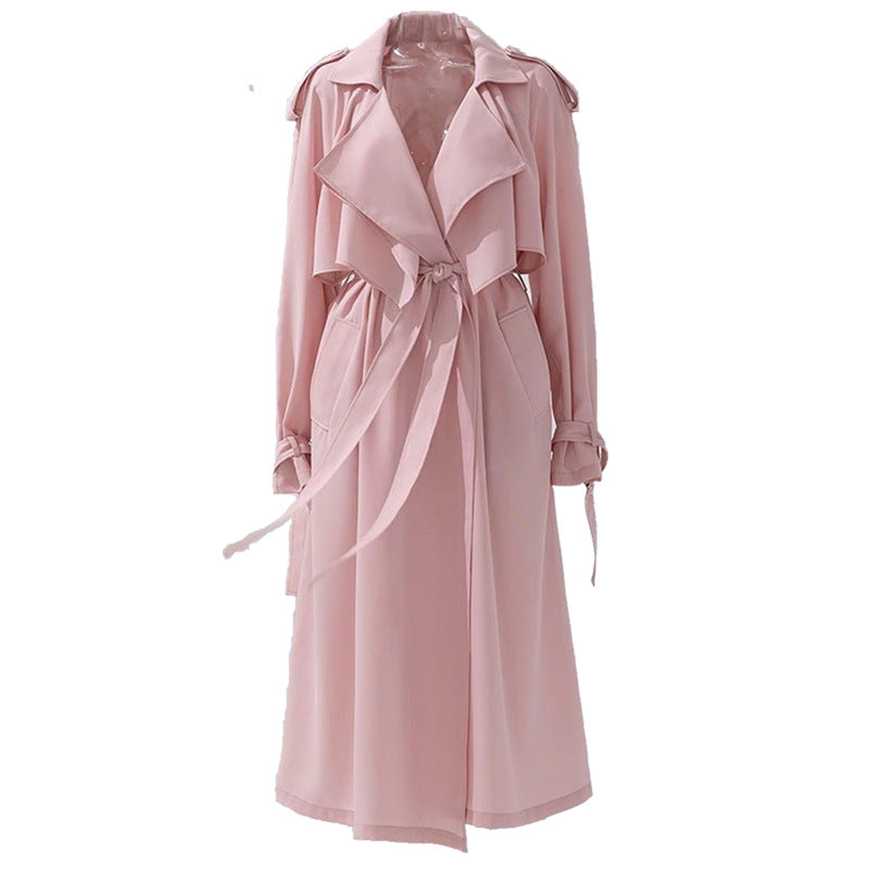 Elegant Pink Long Belted Lightweight Draped Trench Coat