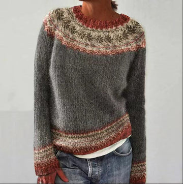Women's Loose Knit Sweater - Color Block Round Neck Pullover