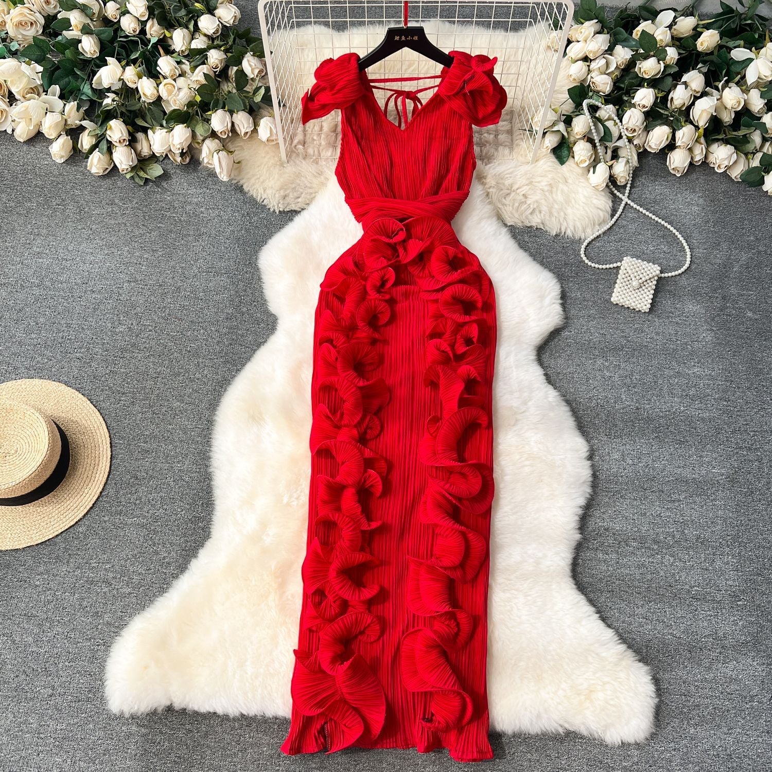 High-End Pleated Dress – Luxury Women's Designer Ruffle Hem Slim Fit Long Maxi Dress