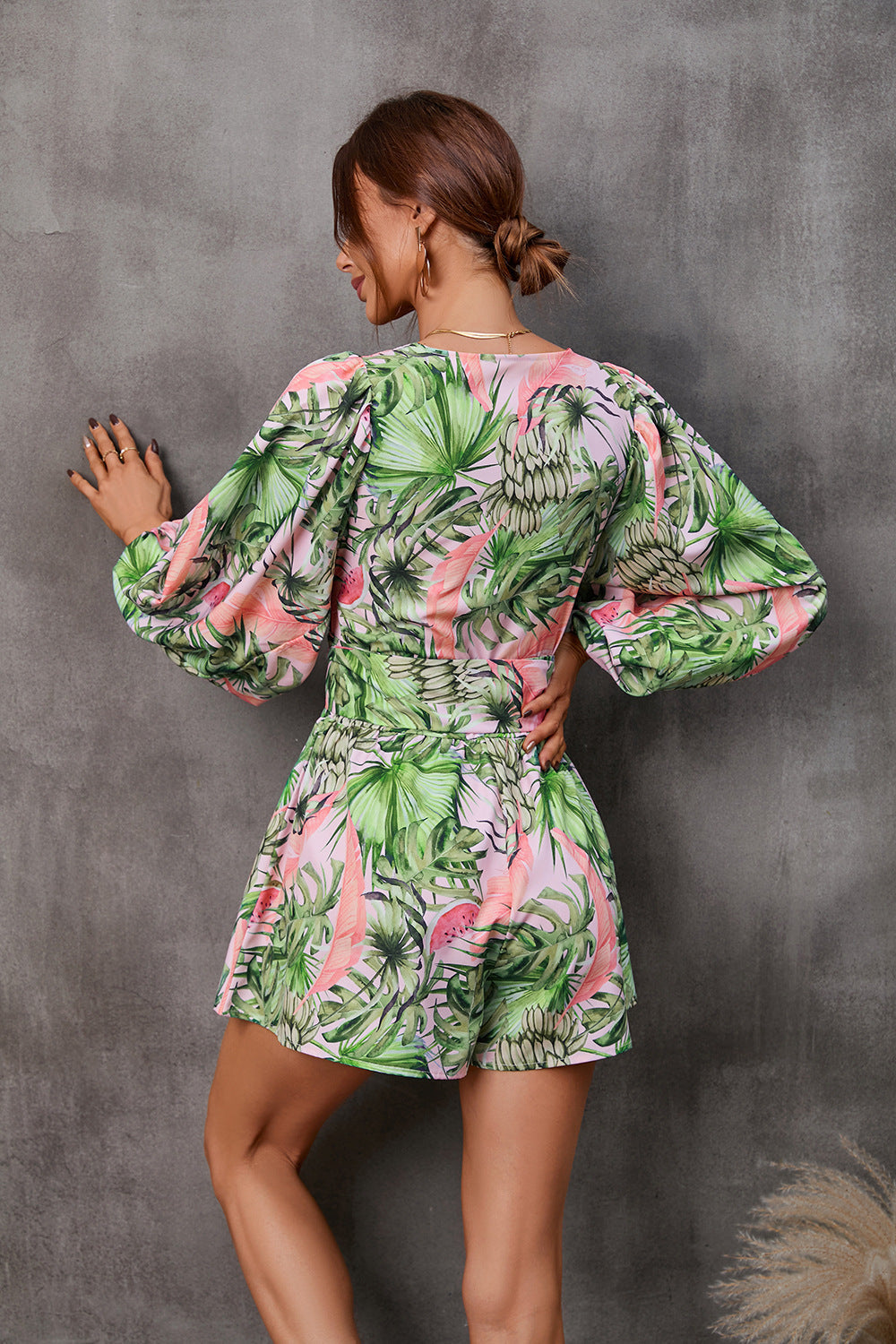Floral Print V-Neck Long Sleeve Shorts Jumpsuit