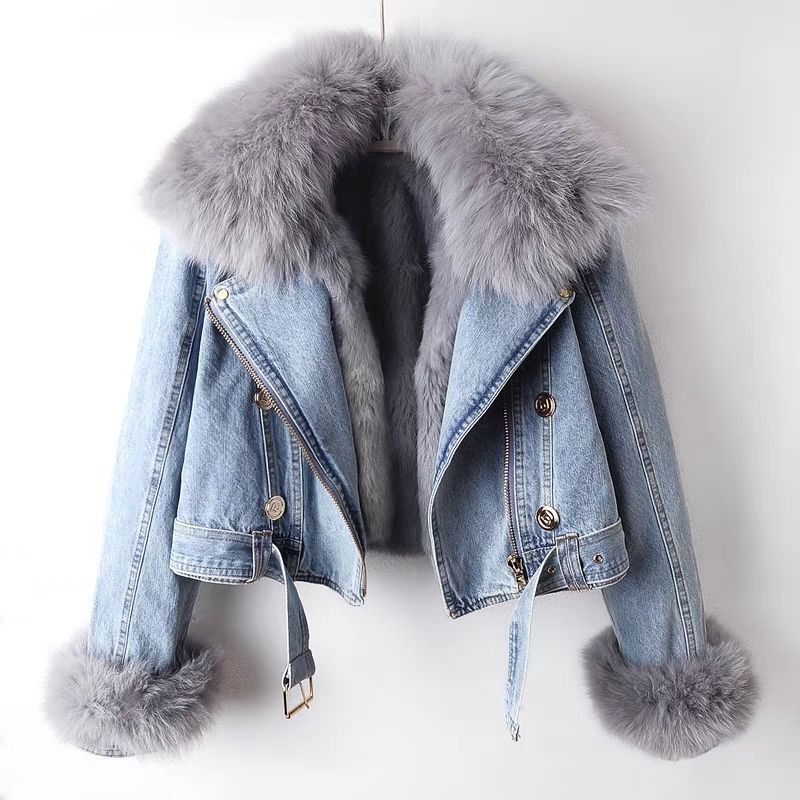 Winter Detachable Fox Fur Denim Jacket Coats for Women