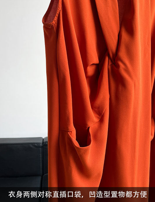 Women's V-Neck Sleeveless Twist Knot Long Dress-Pumpkin color-M-Free Shipping Leatheretro