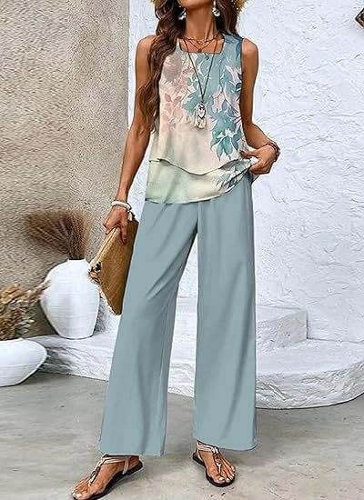 Women's Summer Sleeveless Layered Vest & Pants Set