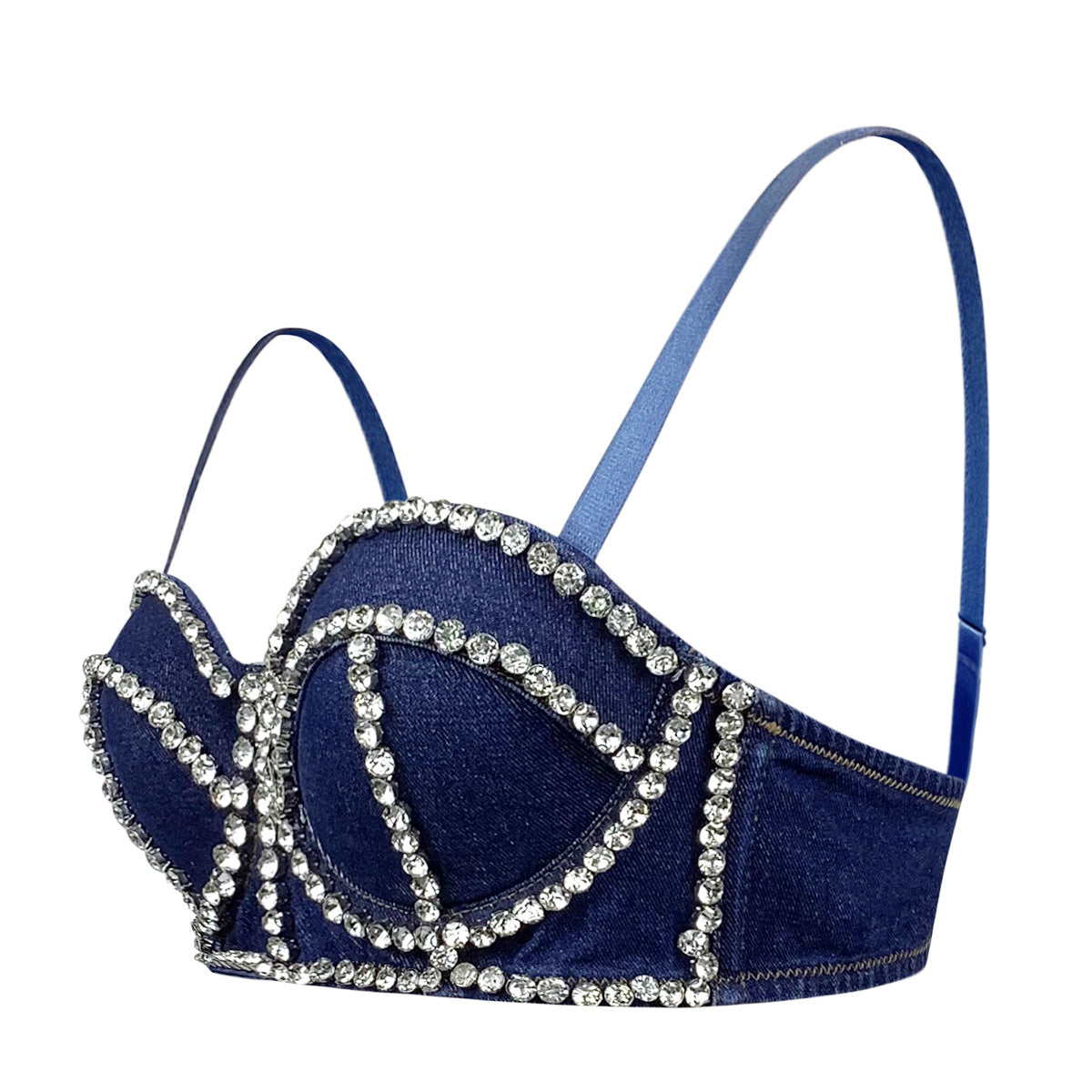 Cowfish Bone Inlaid Diamonds Detachable Straps Back-Closure Denim Corset Top