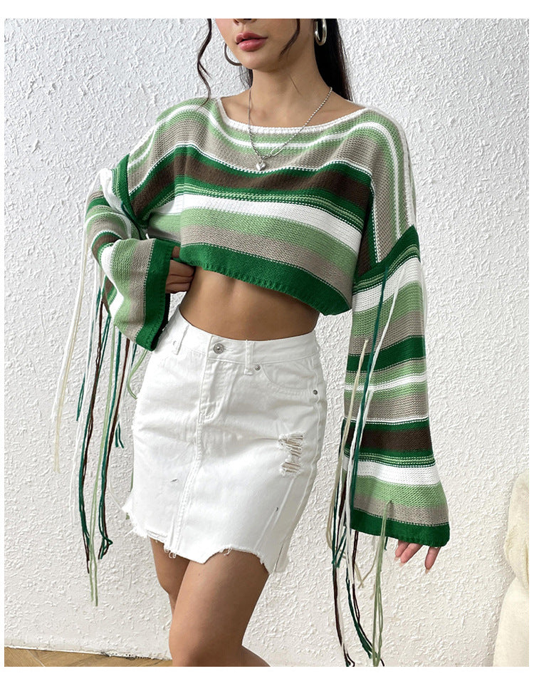 Sexy Rainbow Striped Tassels Short Knitted Blouses