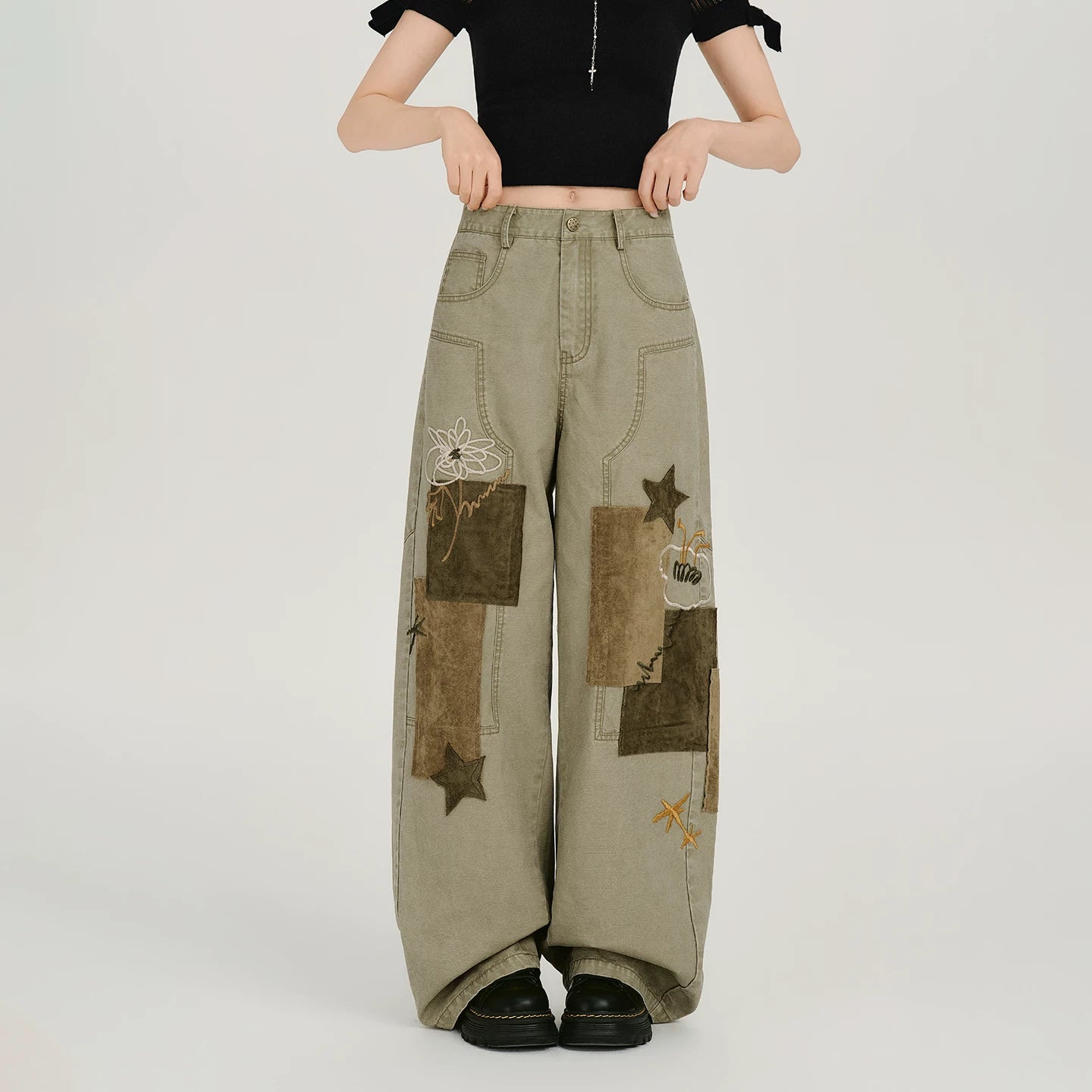 Girlyhao Vintage Applique Embroidery Wide-Leg Pants