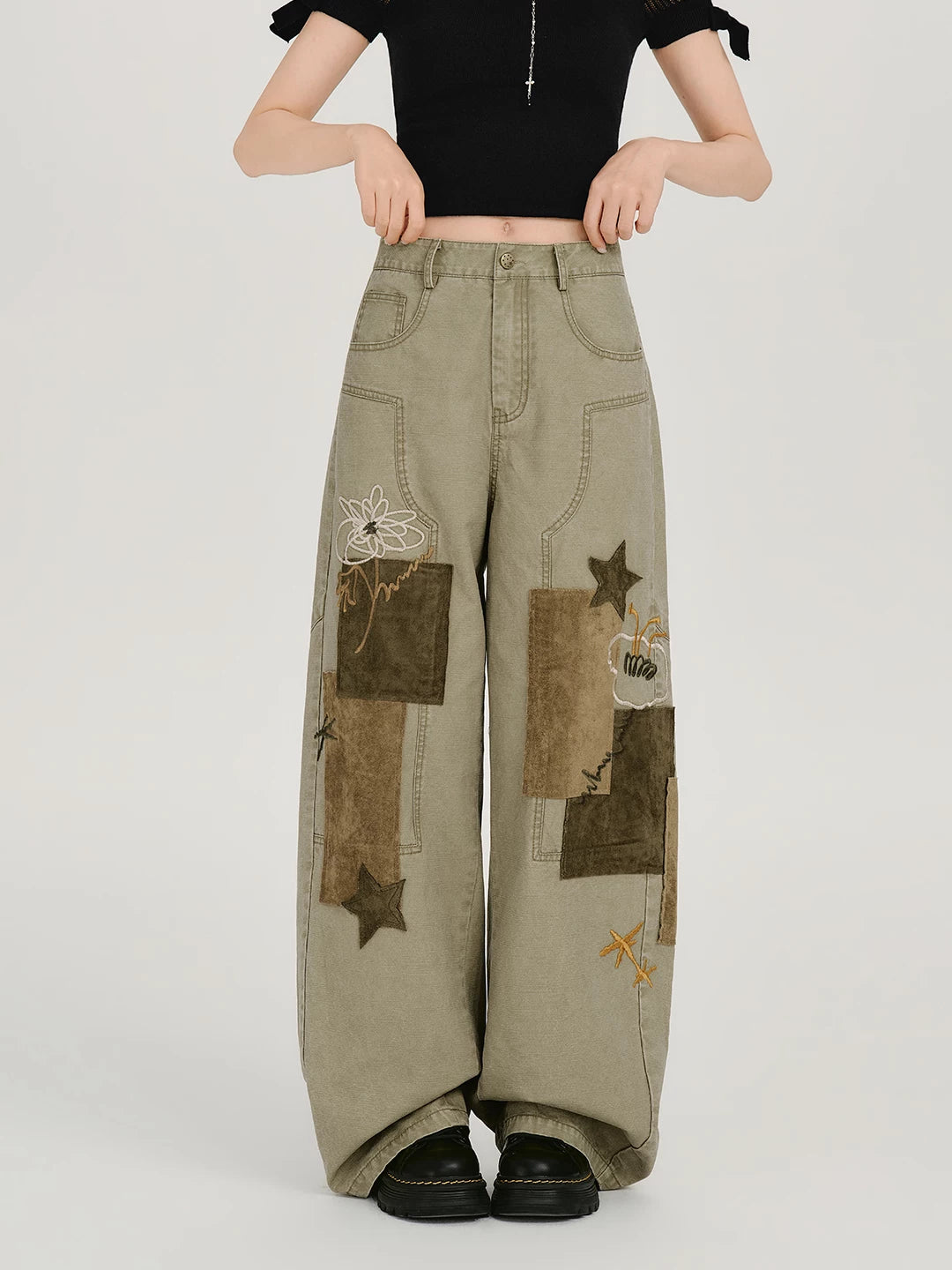Girlyhao Vintage Applique Embroidery Wide-Leg Pants