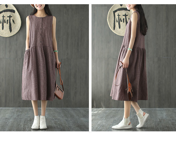 Vintage Sleeveless Linen Summer Midi Dresses-Dresses-Free Shipping at meselling99