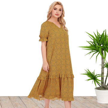 Summer Short Sleeves Loose Yellow Plus Size Dresses-Maxi Dresses-Free Shipping at meselling99