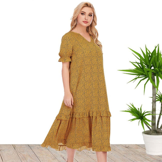 Summer Short Sleeves Loose Yellow Plus Size Dresses-Maxi Dresses-Free Shipping at meselling99