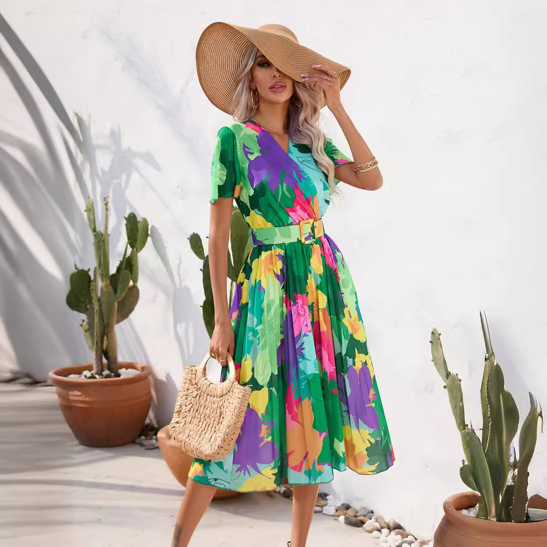 Summer Floral Print Crinkle Midi Short Sleeve Dress