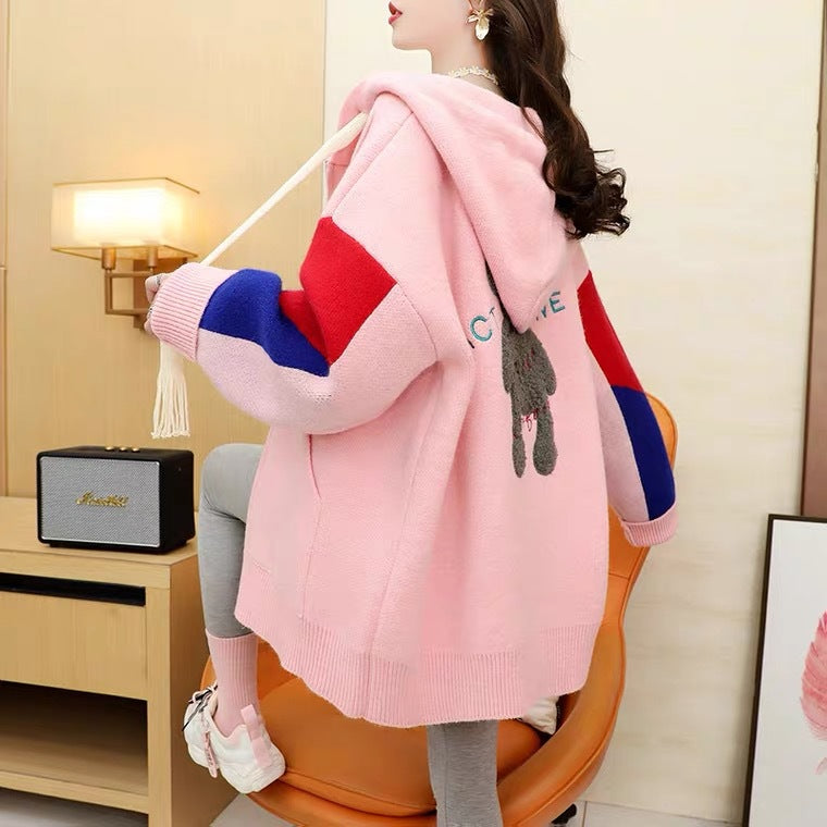 Women's Longline Color-Block Hooded Cardigan – Oversized Chunky Knit Sweater Coat