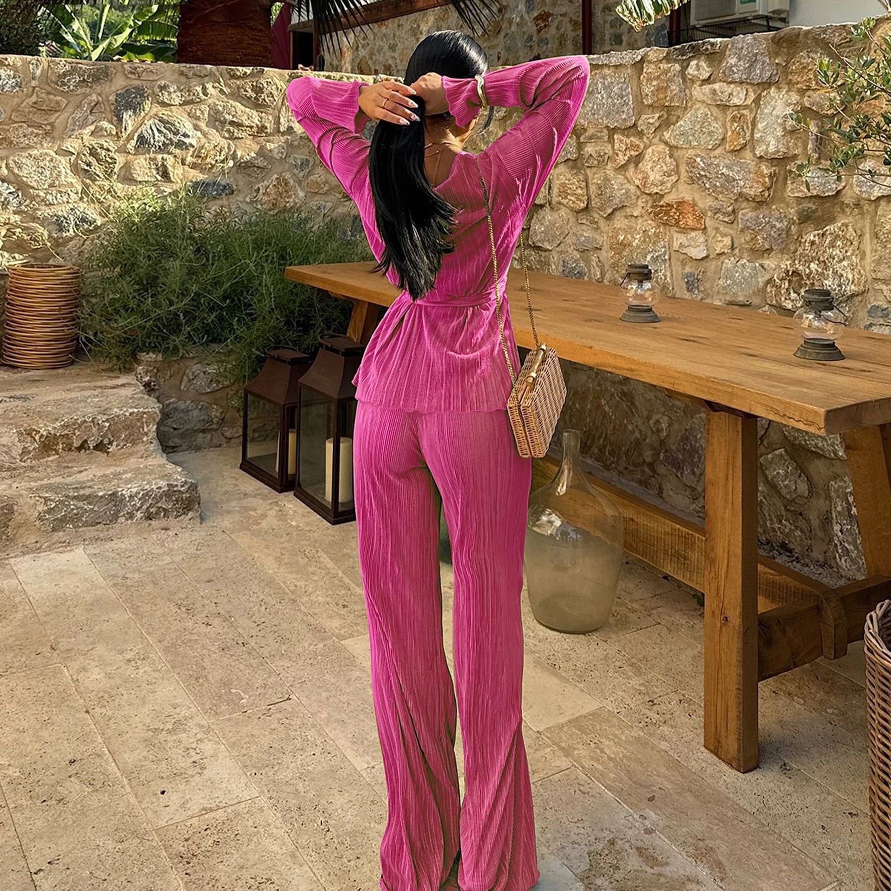 Casual V Neck Long Sleeves Tops and Pants Two Pieces Suits