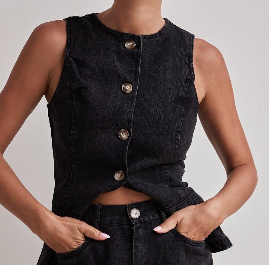 High-Waisted Distressed Denim Shorts Set