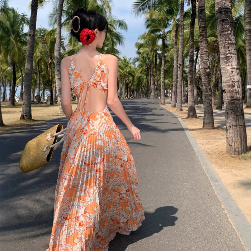 Women’s Summer Sleeveless Hollow-Out Halter Neck High Waist Flowy Printed Maxi Dress