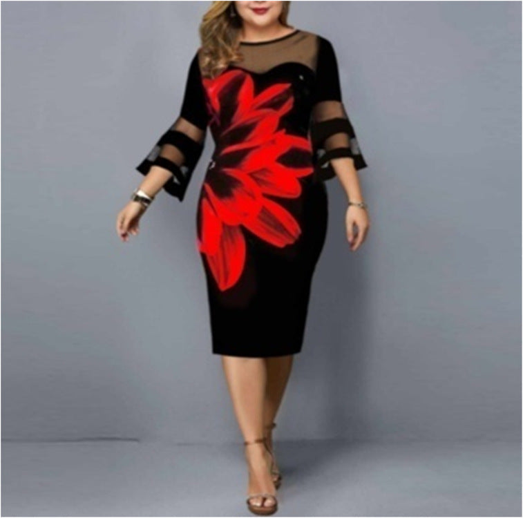 Women Floral Print Plus Sizes Net Fall Dresses-Plus Size Dresses-Free Shipping at meselling99