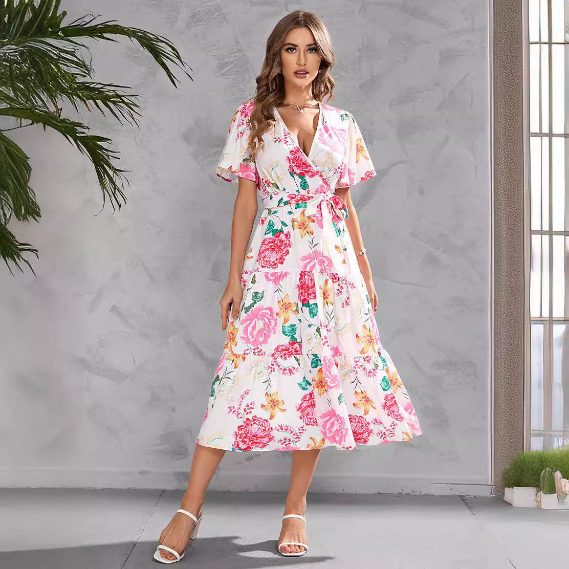 Women's Summer Floral V-Neck Waist-Tie Midi Short Sleeve Dress