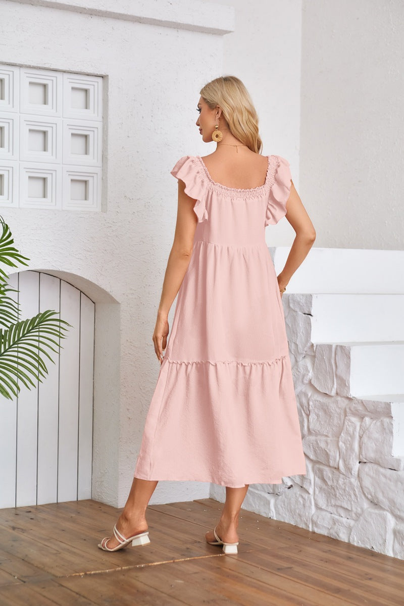 Flying Sleeve Square Neck Off Shoulder Pleated Hem Dress