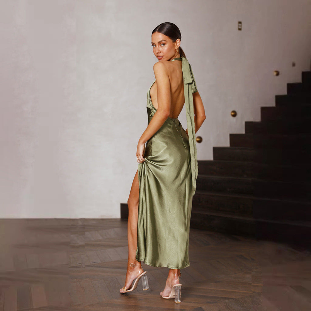 Women's Satin Halter Neck Slit Maxi Dress with Cinched Waist