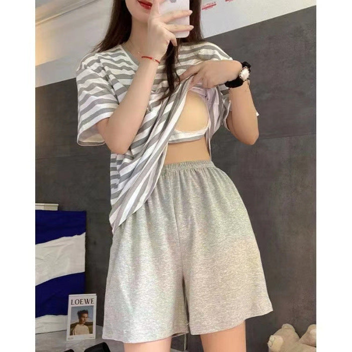 Casual Striped Summer Short Sleeves Shirts & Shorts Homewear