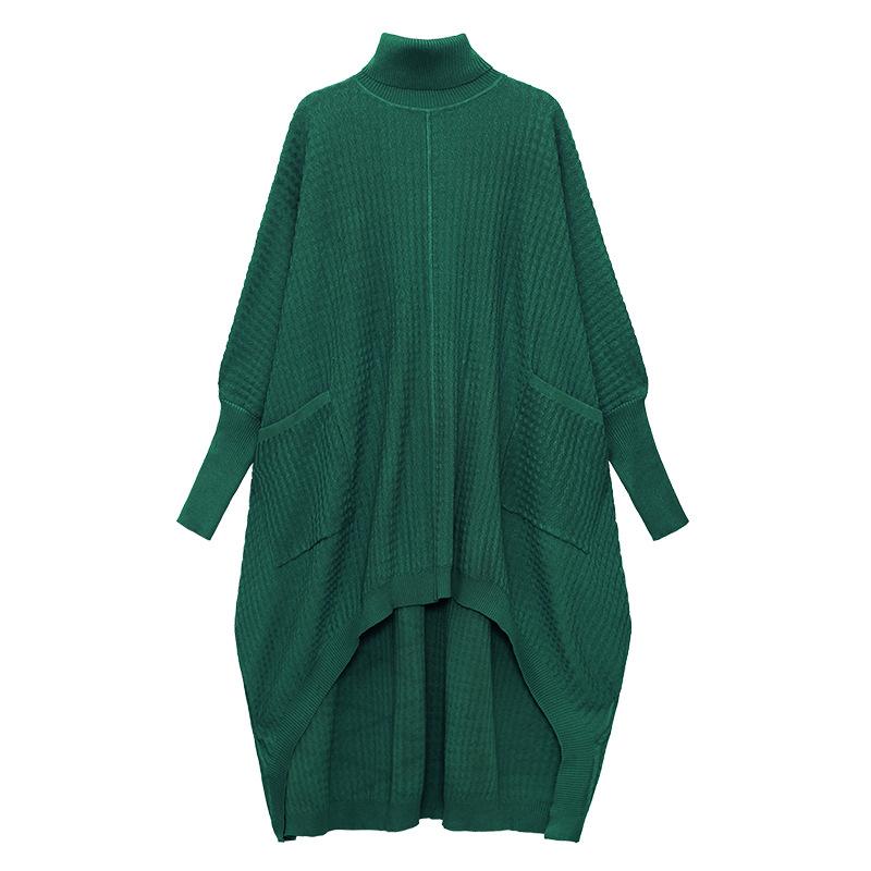 Women High Neck High Low Designed Knitted Long Cozy Dresses-Green-One Size-Free Shipping at meselling99