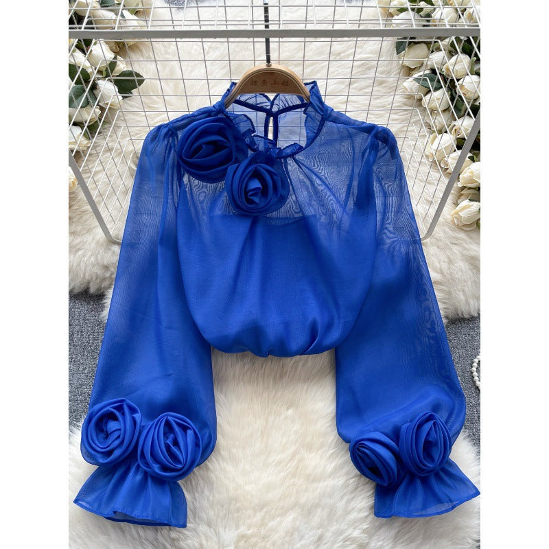 Designed 3D Flowers Chiffon Long Sleeves Shirts