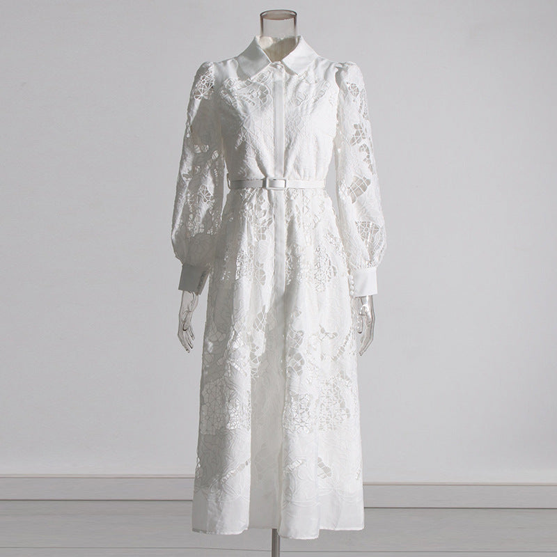 Vintage Collar Long Lantern Sleeve Mid-Length Embroidery Lace Dresses