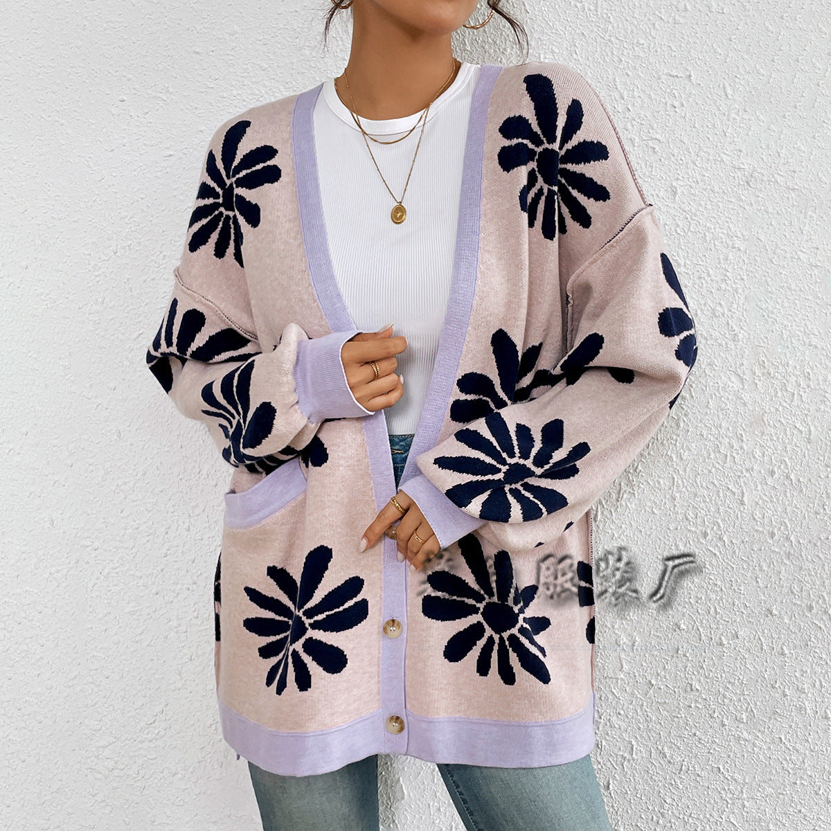 Casual Floral Print Knitted Cardigan Coats