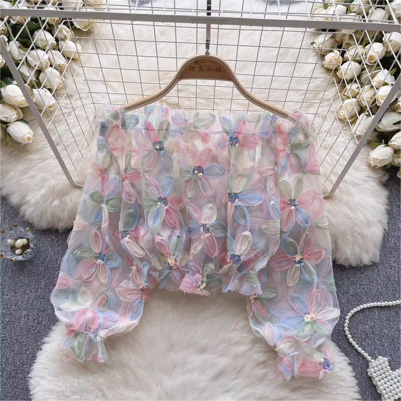 Fairy One-Shoulder Long Sleeve 3D Flower Mesh Shirt