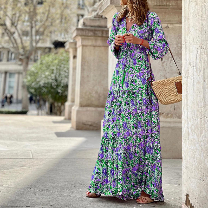 Bohemian V-Neck Long Sleeve Midi Dress – Fall Fashion Dress