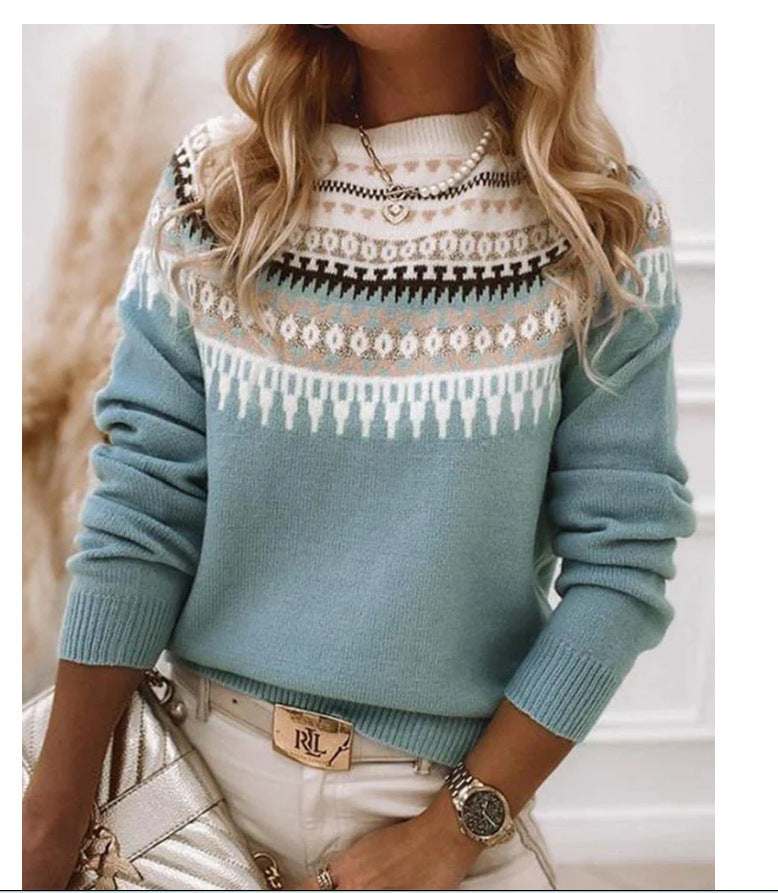 Women's Loose Knit Sweater - Color Block Round Neck Pullover