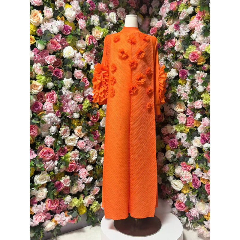 Stylish Slim-Fit Solid Color High Neck Dress with 3D Flowers