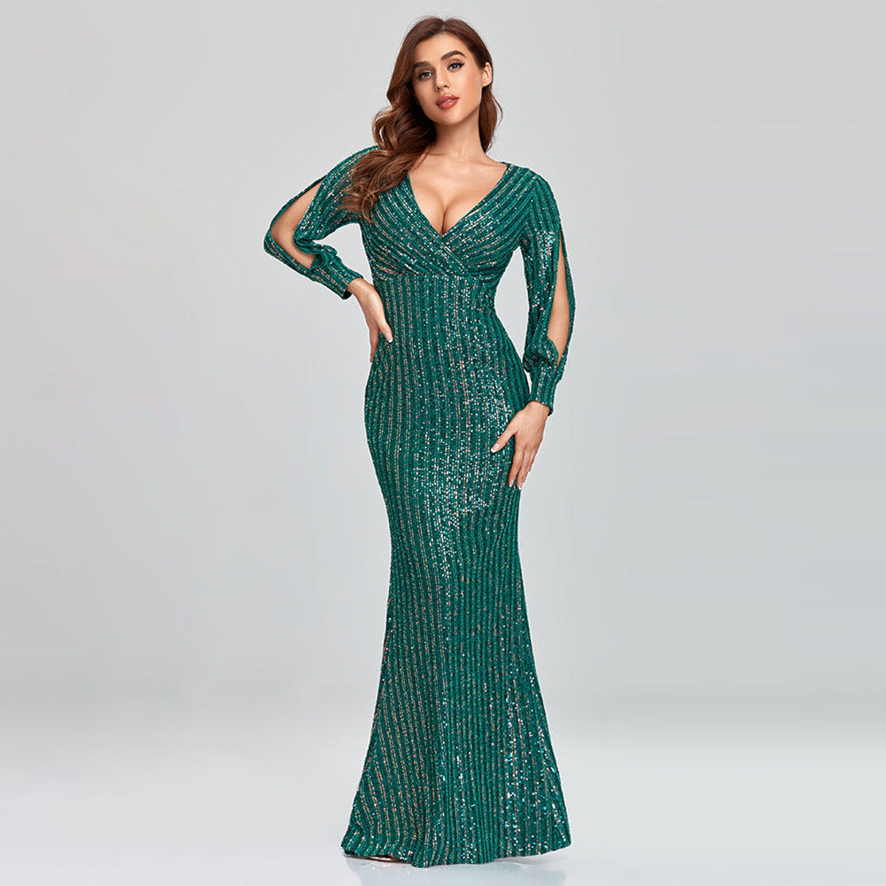 Sexy V Neck Sequined Mermaid Evening Dresses-Dresses-Free Shipping at meselling99