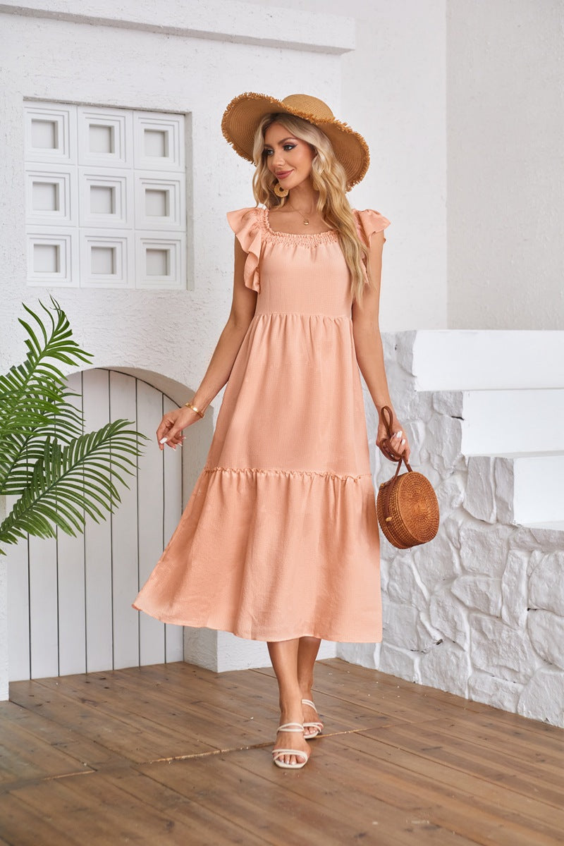 Flying Sleeve Square Neck Off Shoulder Pleated Hem Dress