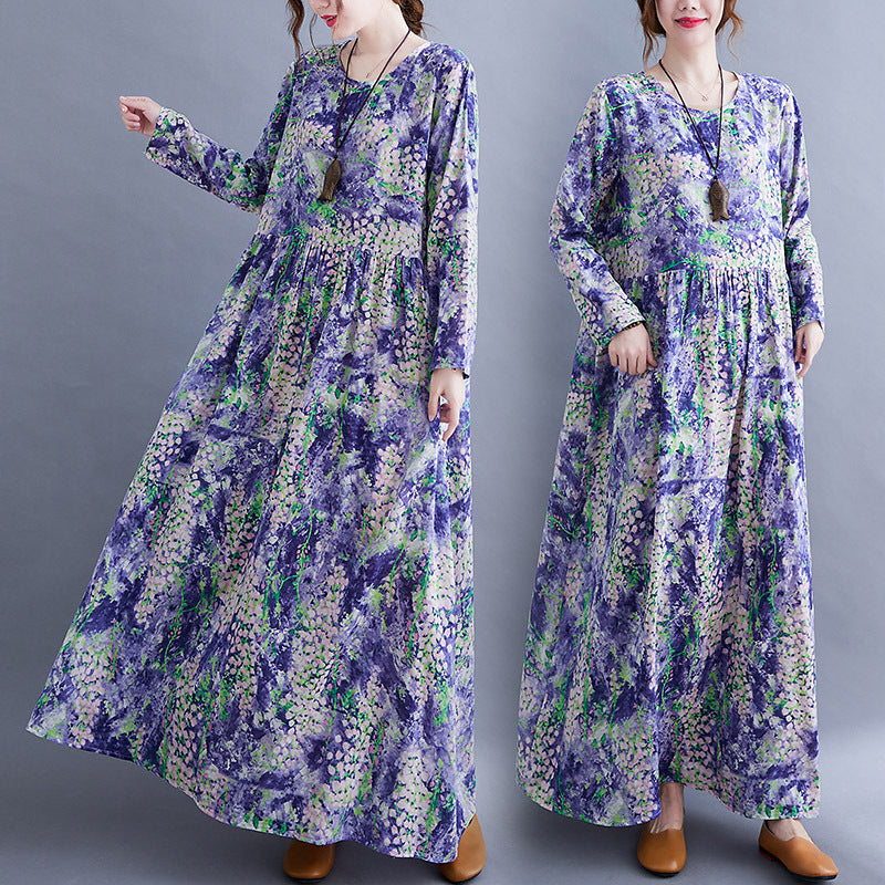 Lavender Print Long Sleeves Cozy Dresses-Dresses-Free Shipping at meselling99