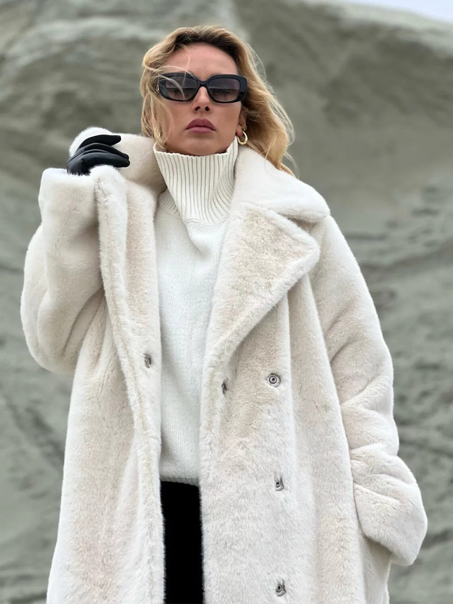 Women's Long Plush Fur Coat with Belted Waist & Notched Lapel