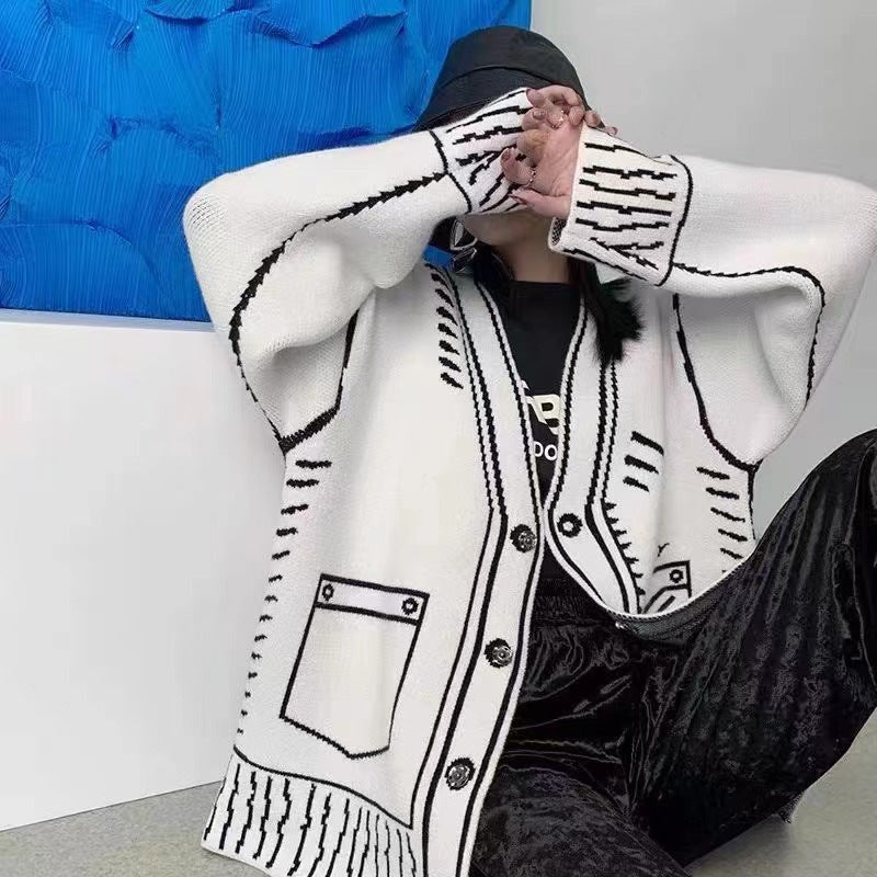 Oversized Black and White Graphic Doodle Knit Cardigan