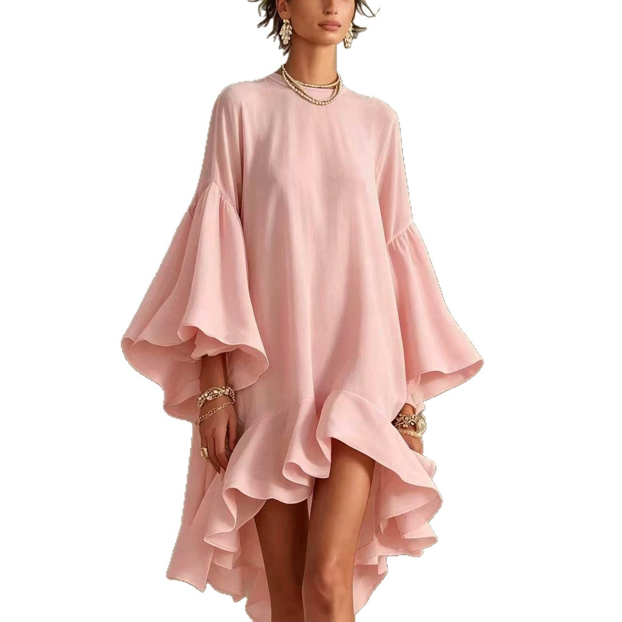 Solid Color Round Neck Flared Bell Sleeve Asymmetrical Hem Oversized Dress