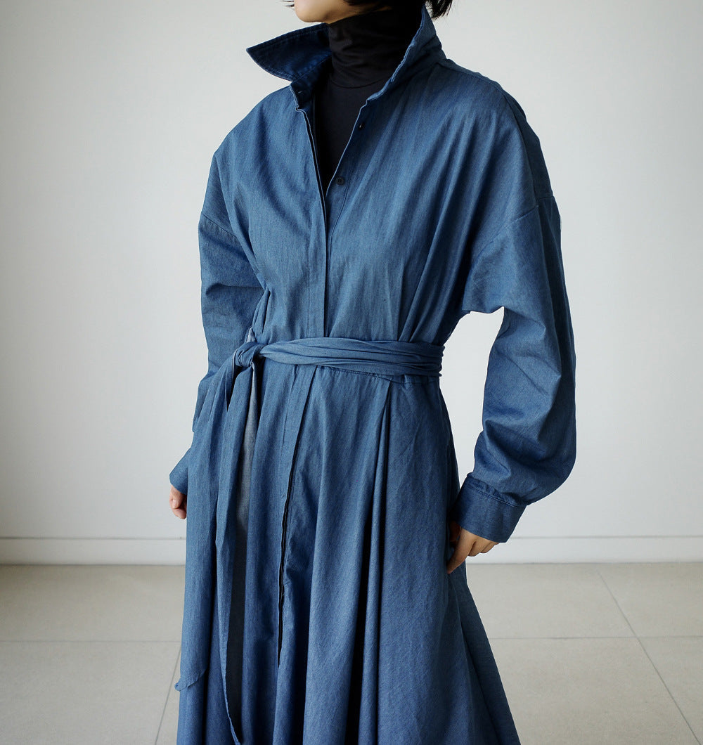 Blue Long Sleeve Loose Denim Shirts Maxi Dresses-Cozy dresses-Free Shipping at meselling99